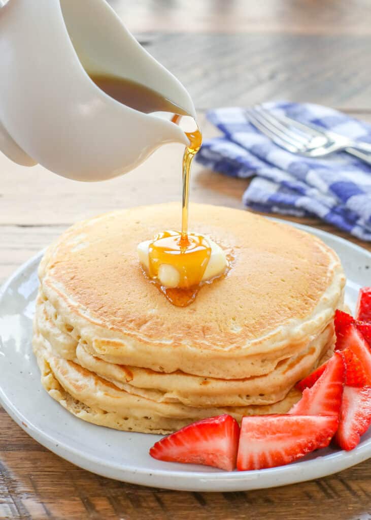 Super fluffy Whole Wheat Pancakes are a dreamy weekend breakfast! - get the recipe at barefeetinthekitchen.com