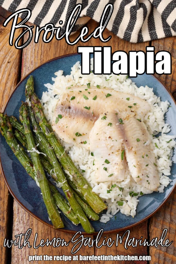 Tilapia with asparagus on a blue plate