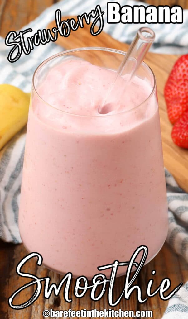 pin smoothie in clear glass with berries and banana