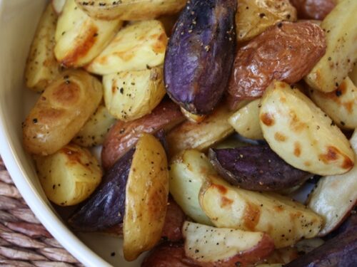 Crisp Garlic Oven Fries with Purple Potatoes - Barefeet in the Kitchen