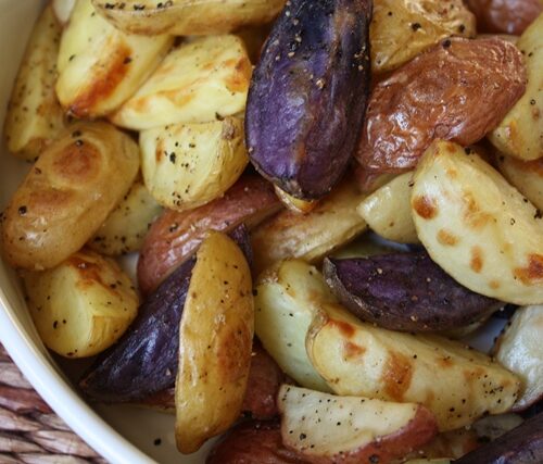 Crisp Garlic Oven Fries with Purple Potatoes - Barefeet in the Kitchen
