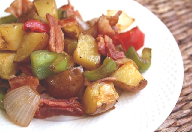 Roasted Potatoes with Bell Peppers, Onions and Bacon recipe by Barefeet In The Kitchen