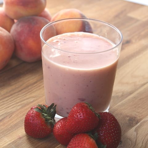 Strawberry Peach Banana Vanilla Smoothie recipe by Barefeet In The Kitchen