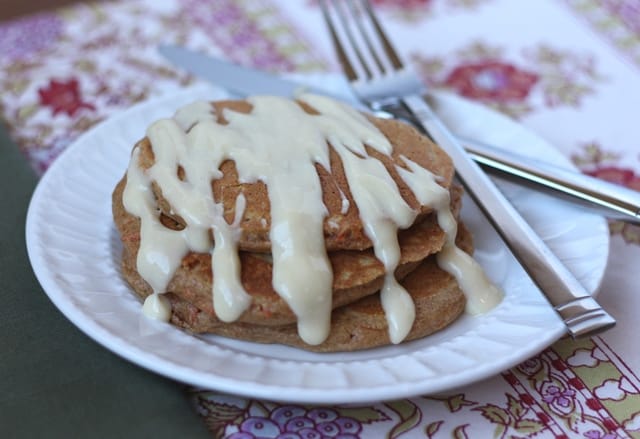 Carrot Cake Pancakes with Maple Cream Cheese Syrup recipe by Barefeet In The Kitchen