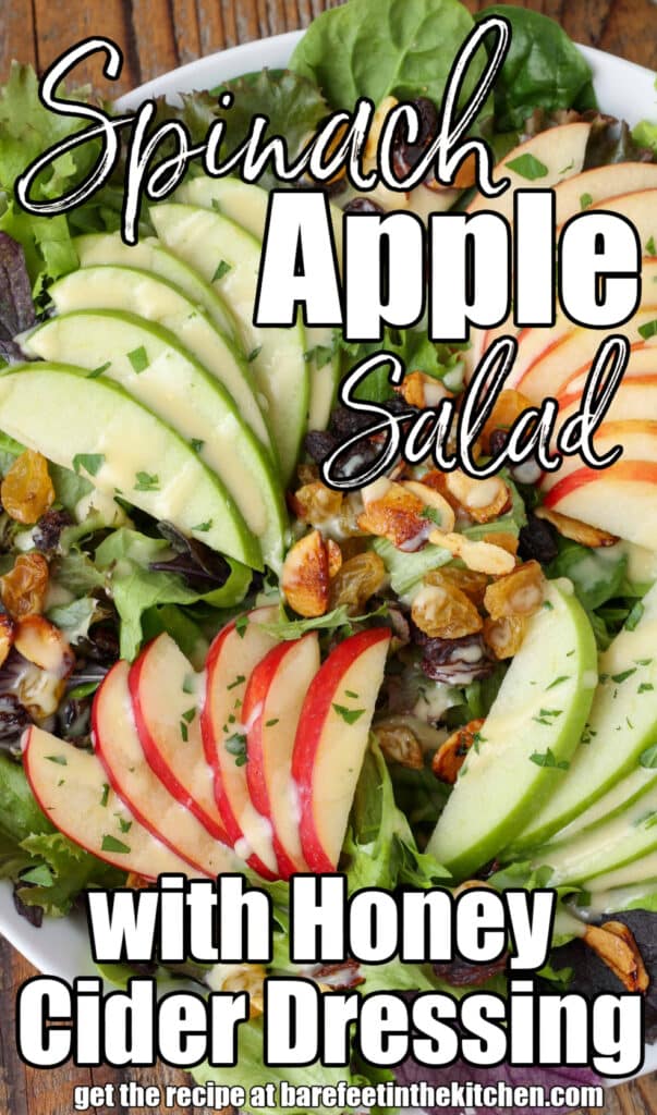 frischer Salat mit Spinat, Äpfeln, Rosinen, Mandeln auf großer Platte