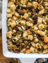 Sourdough stuffing with apples, cranberries, sausage, and herbs