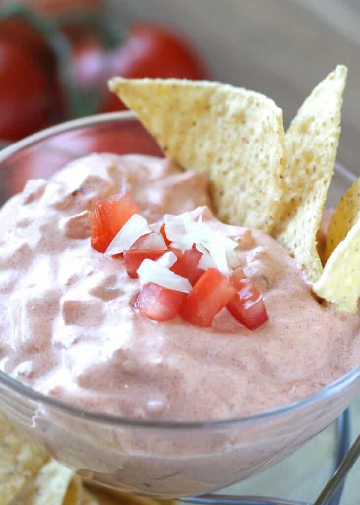 Sriracha Tomato and Onion Dip is irresistible! recipe by Barefeet In The Kitchen