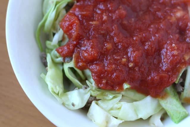 Cabbage Ribbons with Sausage and Thyme Marinara Sauce recipe by Barefeet In The Kitchen