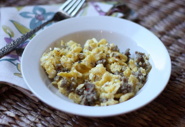 Green Chile and Sausage Scrambled Eggs recipe by Barefeet In The Kitchen