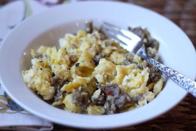 Green Chile and Sausage Scrambled Eggs recipe by Barefeet In The Kitchen