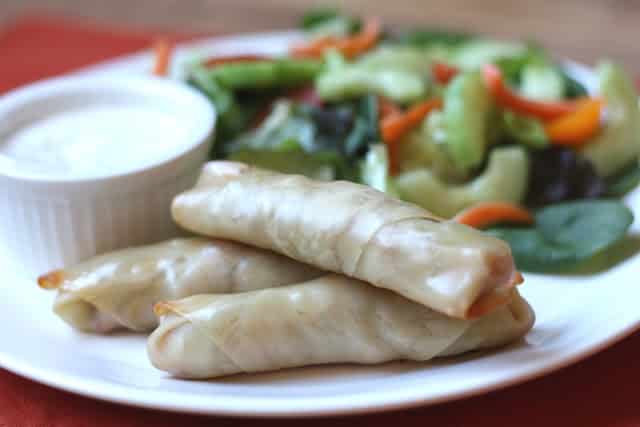 Baked Spring Rolls with Chicken and Ranch Dip recipe by Barefeet In The Kitchen