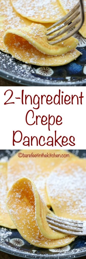 I pancake con 2 ingredienti sono più crepe che pesanti pancake soffici: preparali con condimenti dolci o salati!  ottieni la ricetta su barefeetinthekitchen.com