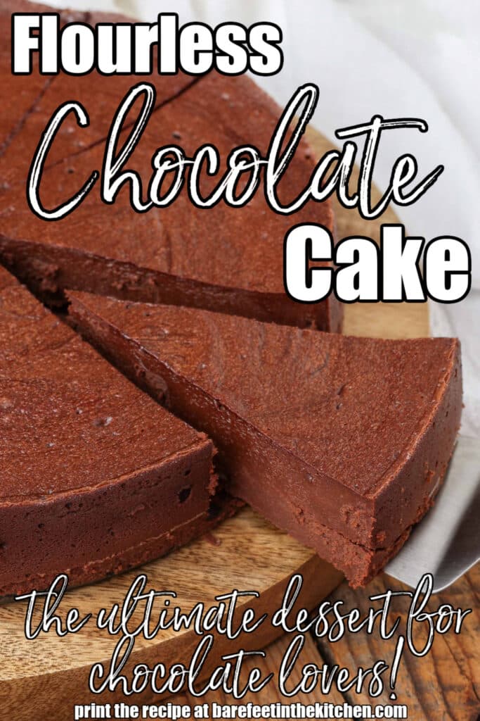 close up photo of slice of flourless chocolate cake on server