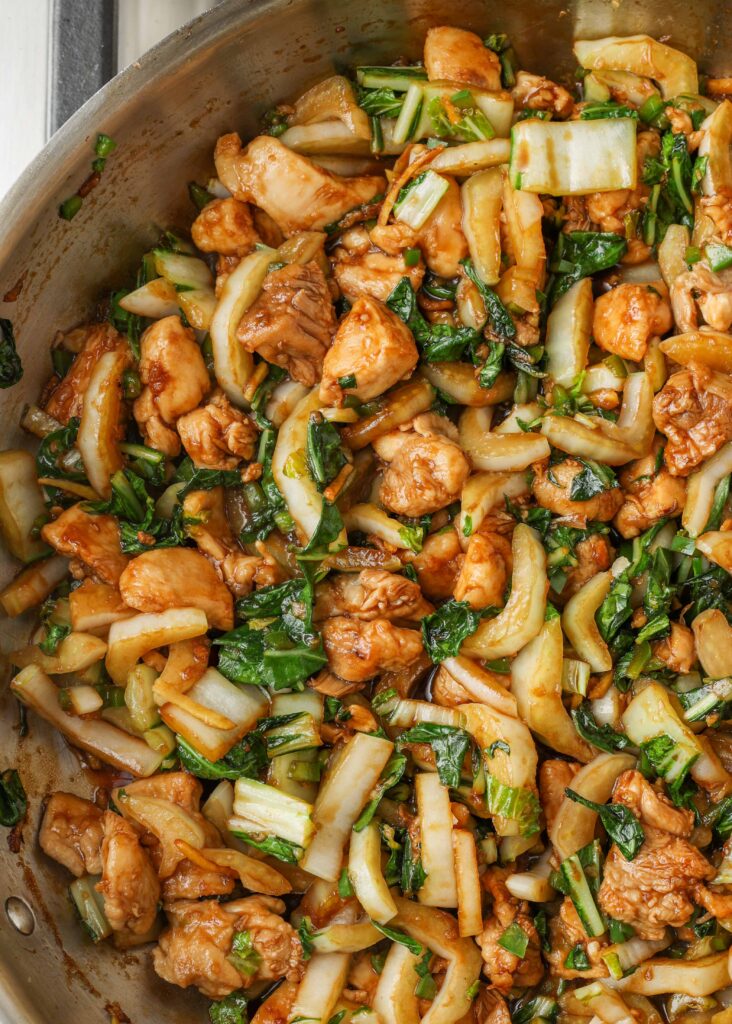 Chicken bok choy stir fry in the pan