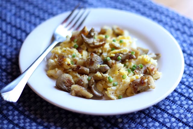 Scrambled Eggs with Oyster Mushrooms and Garlic Scapes recipe by Barefeet In The Kitchen