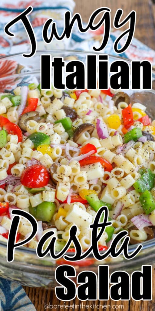 Tangy Pasta Salad with vegetables and cheese is a winner of a summer meal.