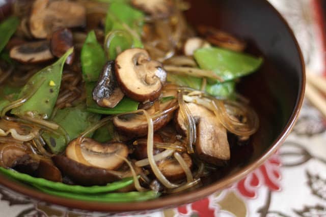 Glass Noodles with Mushrooms, Snow Peas and Sprouts recipe by Barefeet In The Kitchen