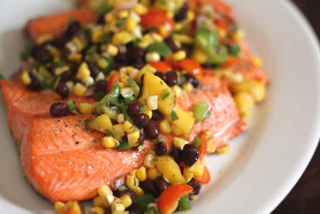 Salmon with Black Bean, Corn and Mango Salsa recipe by Barefeet In The Kitchen