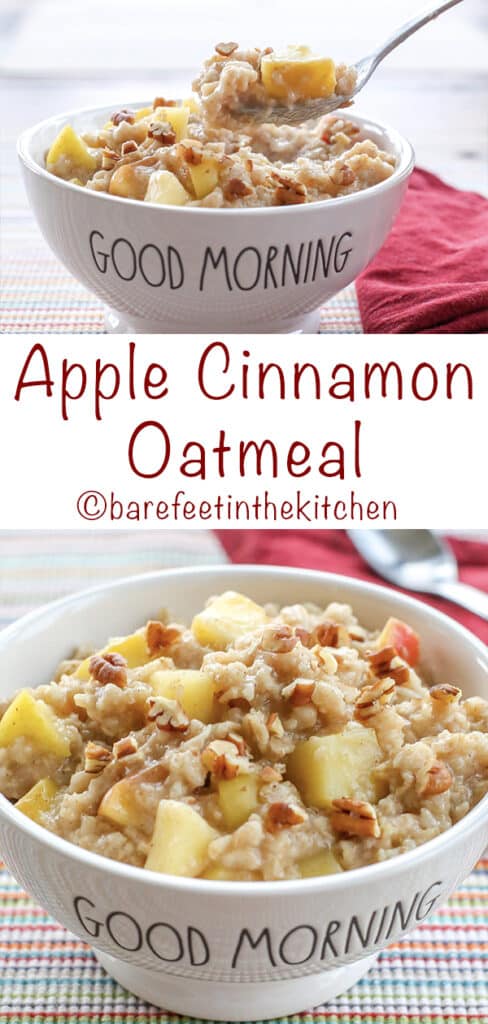 Apple Cinnamon Oatmeal is a favorite for all ages. It only takes a few minutes to get this deliciously hearty breakfast on the table! get the recipe at barefeetinthekitchen.com