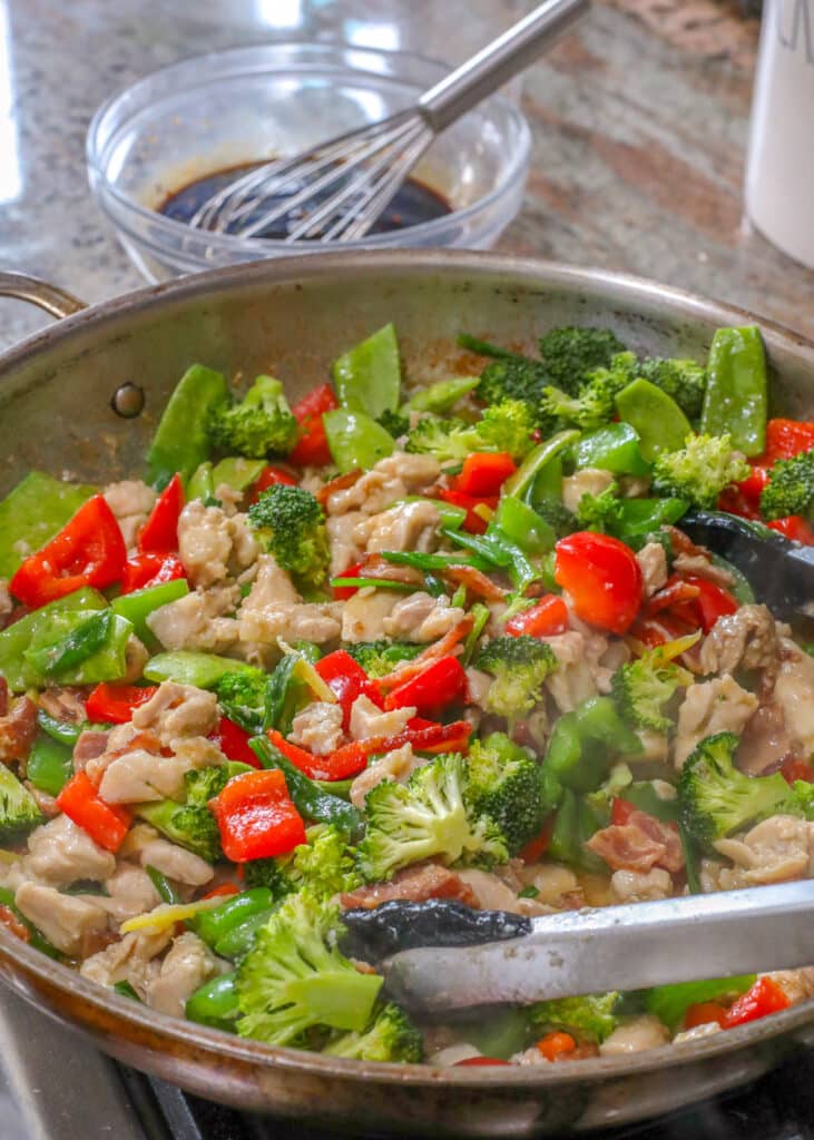 We love this Chinese chicken and bacon stir fry with plenty of vegetables!