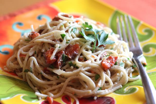 Smoked Salmon Pasta with Pine Nuts recipe by Barefeet In The Kitchen