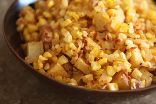 Chipotle Corn and Caramelized Onion Potato Salad recipe by Barefeet In The Kitchen