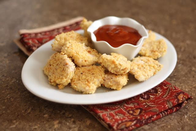 Cornbread Crusted Baked Chicken Nuggets recipe by Barefeet In The Kitchen