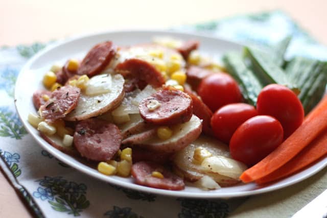 Herbed Potatoes with Kielbasa and Corn recipe by Barefeet In The Kitchen