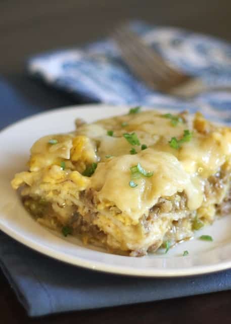 Scrambled Egg and Sausage Stacked Enchiladas recipe by Barefeet In The Kitchen