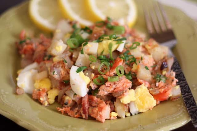 Smoked Salmon and Red Potato Hash recipe by Barefeet In The Kitchen