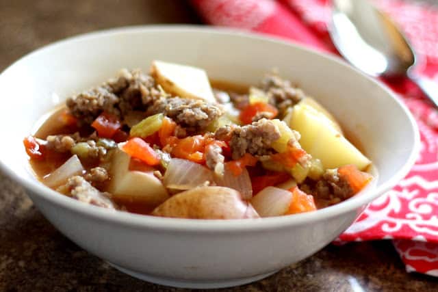Green Chili Stew with Sausage and Tomatoes recipe by Barefeet In The Kitchen