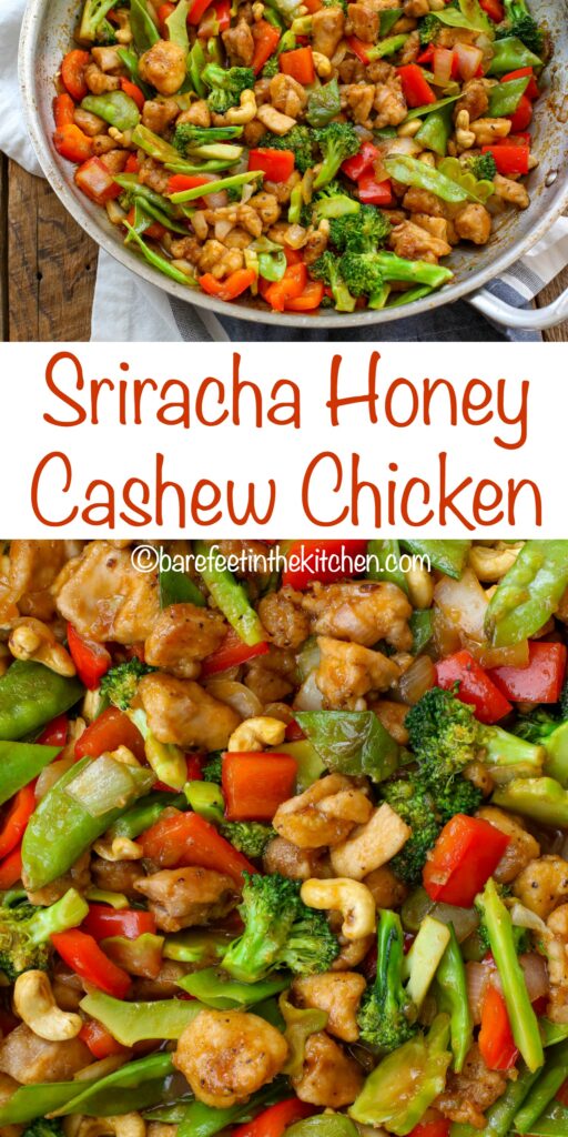 Sriracha Honey Cashew Chicken is slightly spicy, sweet, and loaded with vegetables too! get the recipe at barefeetinthekitchen.com
