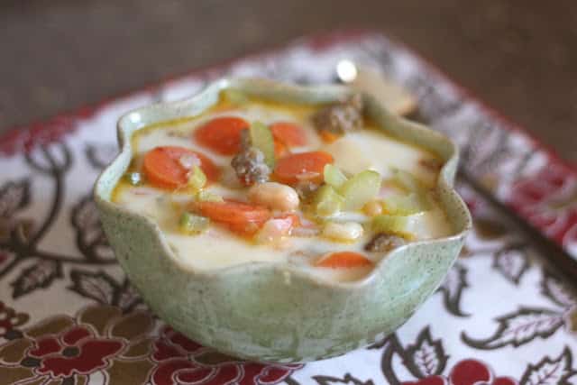 Creamy White Bean, Italian Sausage and Vegetable Soup recipe by Barefeet In The Kitchen