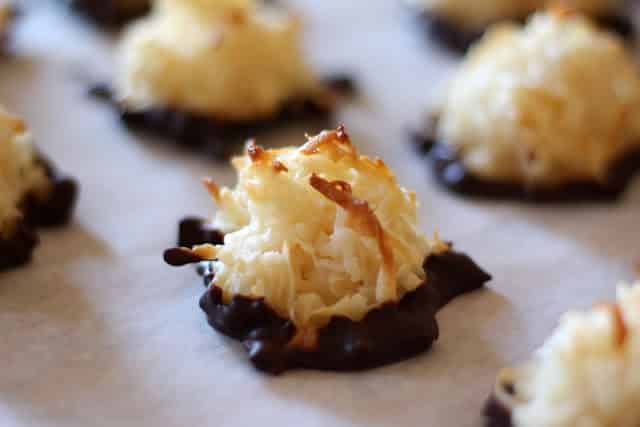 Dark Chocolate Dipped Coconut Macaroons recipe by Barefeet In The Kitchen