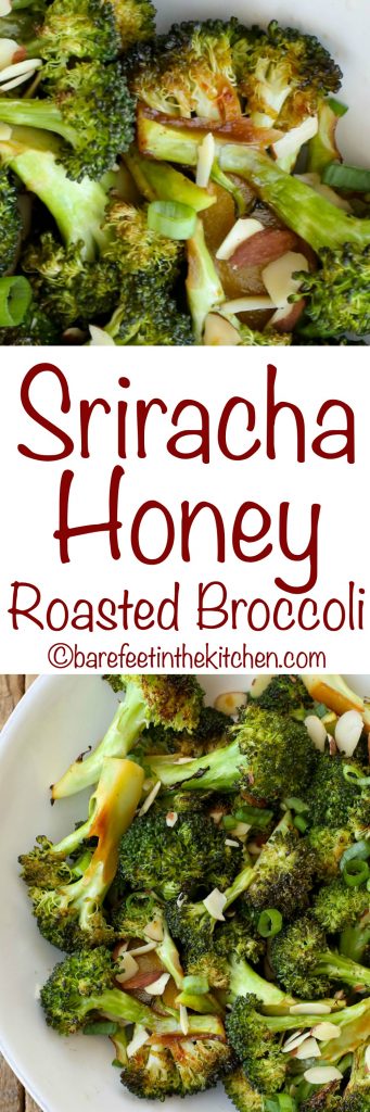 Sriracha Honey Roasted Broccoli is like no other broccoli. No one can resist it! Get the recipe at barefeetinthekitchen.com