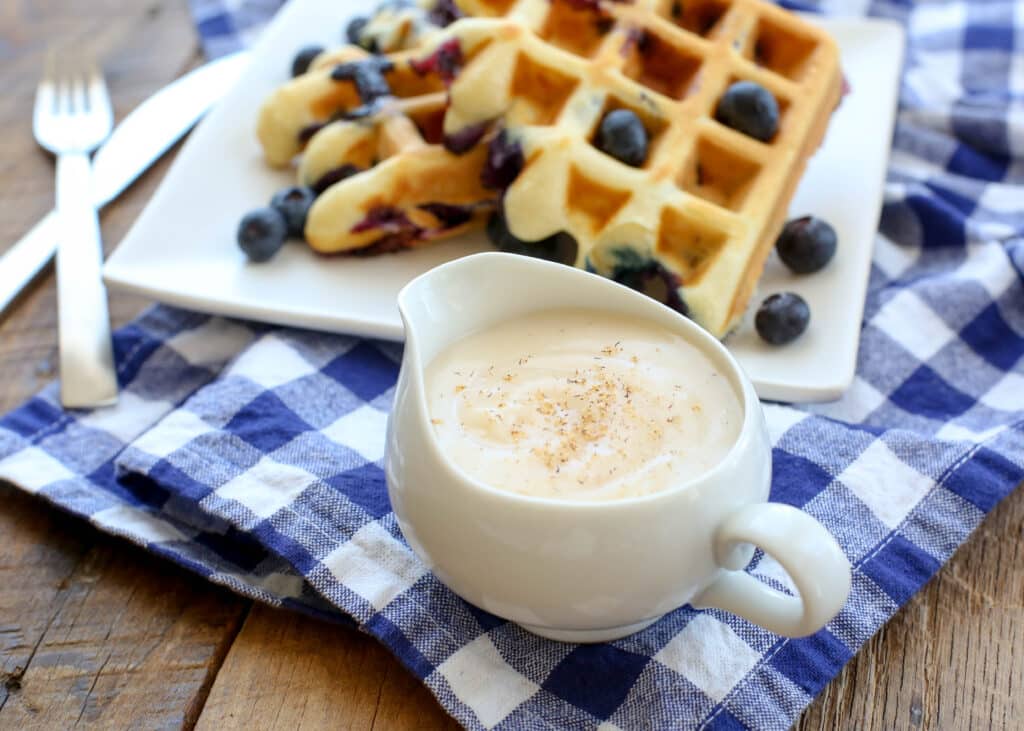 Grandma's Waffle Sauce is like nothing else you've ever tasted. It's a must have for waffles and pancakes! get the recipe at barefeetinthekitchen.com