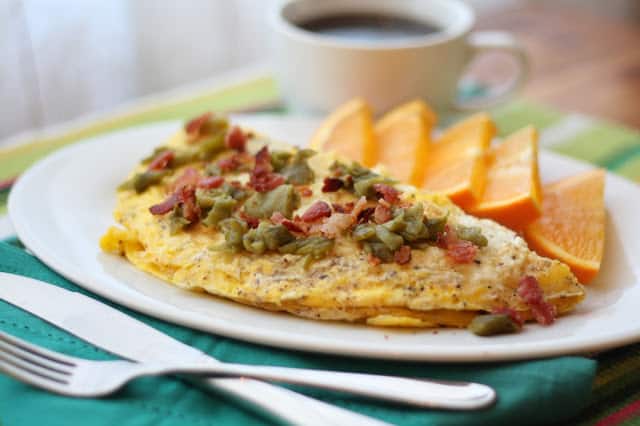 Bacon, Green Chile and Mushroom Omelet recipe by Barefeet In The Kitchen