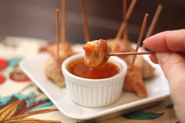 Bacon Wrapped Chicken Bites with Sweet Chili Sauce recipe by Barefeet In The Kitchen