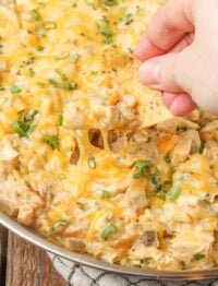 cheesy chicken dip scooped on tortilla chip