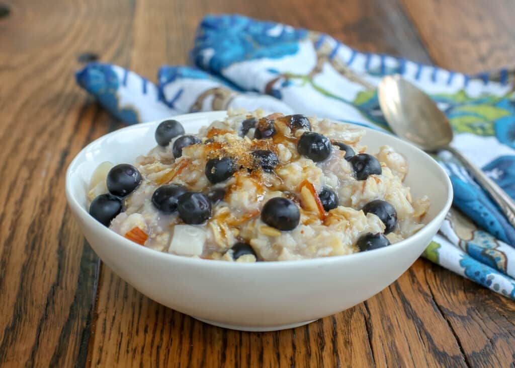 Blueberries and Cream Oatmeal - get the recipe at barefeetinthekitchen.com