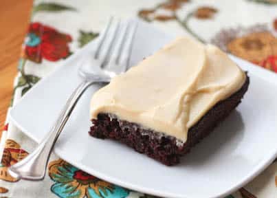 slice of chocolate cake on plate with fork