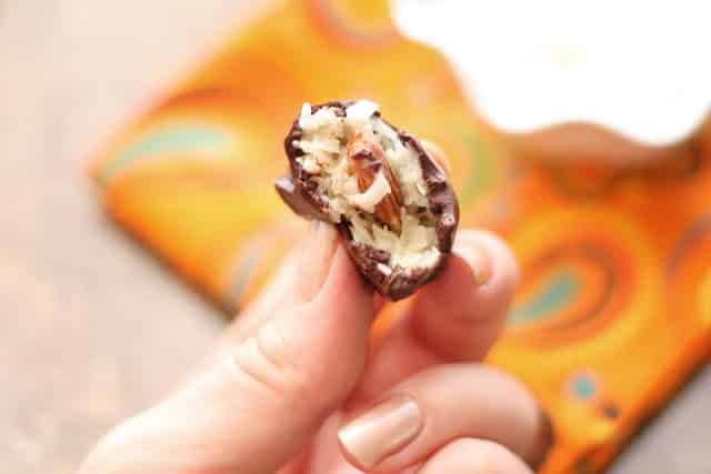 Homemade Almond Joys with Dark Chocolate recipe by Barefeet In The Kitchen