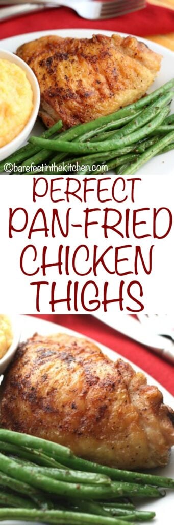 ¡Los muslos de pollo fritos perfectos se pueden hacer con solo una cucharada de aceite!  consigue la receta en barefeetinthekitchen.com