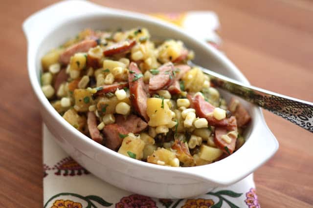 Garlicky Potato, Kielbasa and Green Chile Skillet recipe by Barefeet In The Kitchen