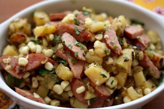 Garlicky Potato, Kielbasa and Green Chile Skillet recipe by Barefeet In The Kitchen