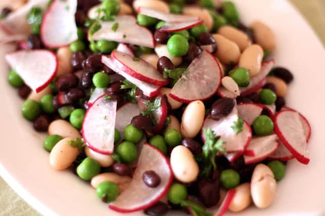 Black and White Bean Salad with Peas and Radishes recipe by Barefeet In The Kitchen