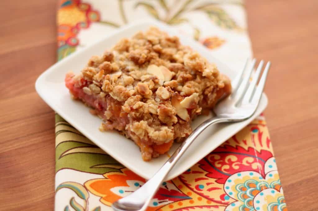Apricot Rhubarb Strawberry Almond Crunch recipe by Barefeet In The Kitchen
