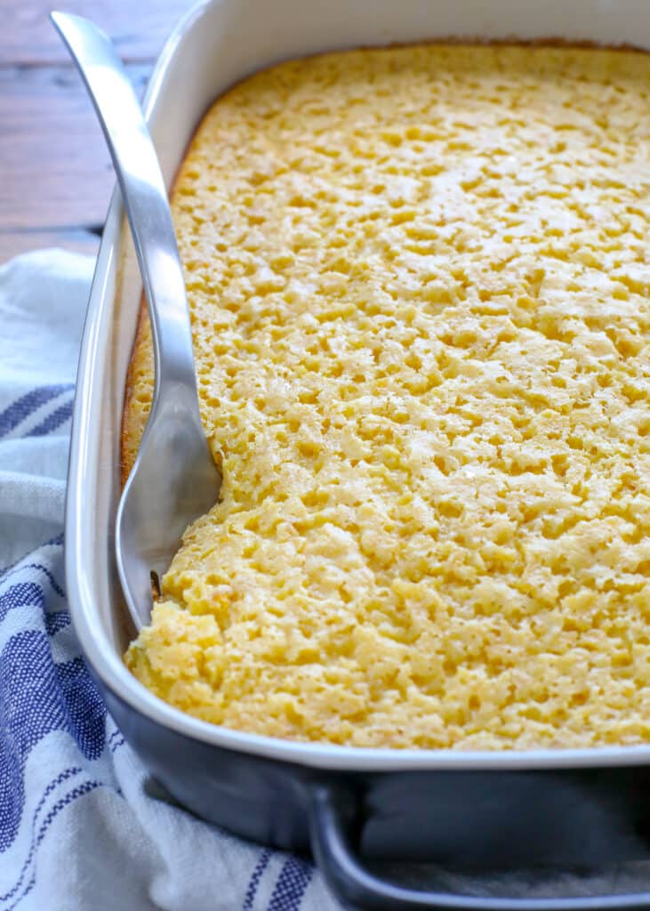 Classic Corn Pudding with a new twist - no box mix required! (Gluten free alternatives included too.) get the recipe at barefeetinthekitchen.com
