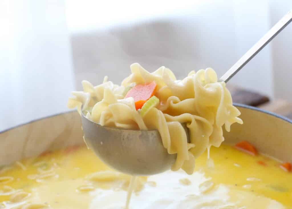 Creamy Turkey Noodle Soup - get the recipe at barefeetithekitchen.com