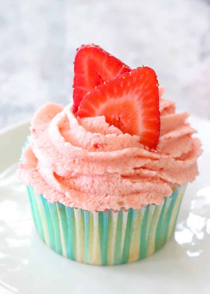 Fresh Strawberry Frosting is irresistible! Get the recipe at barefeetinthekitchen.com